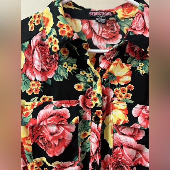 🔴 Seductions Black Dress with Red and Yellow Floral Print Size Small - Picture 6 of 9